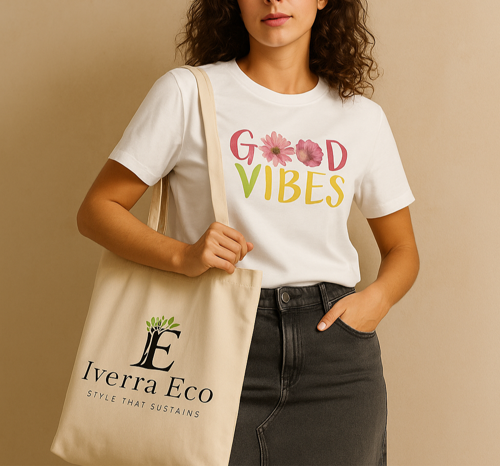 Woman wearing a 'Good Vibes' t-shirt and holding an 'Iverra Eco' tote bag against a beige background